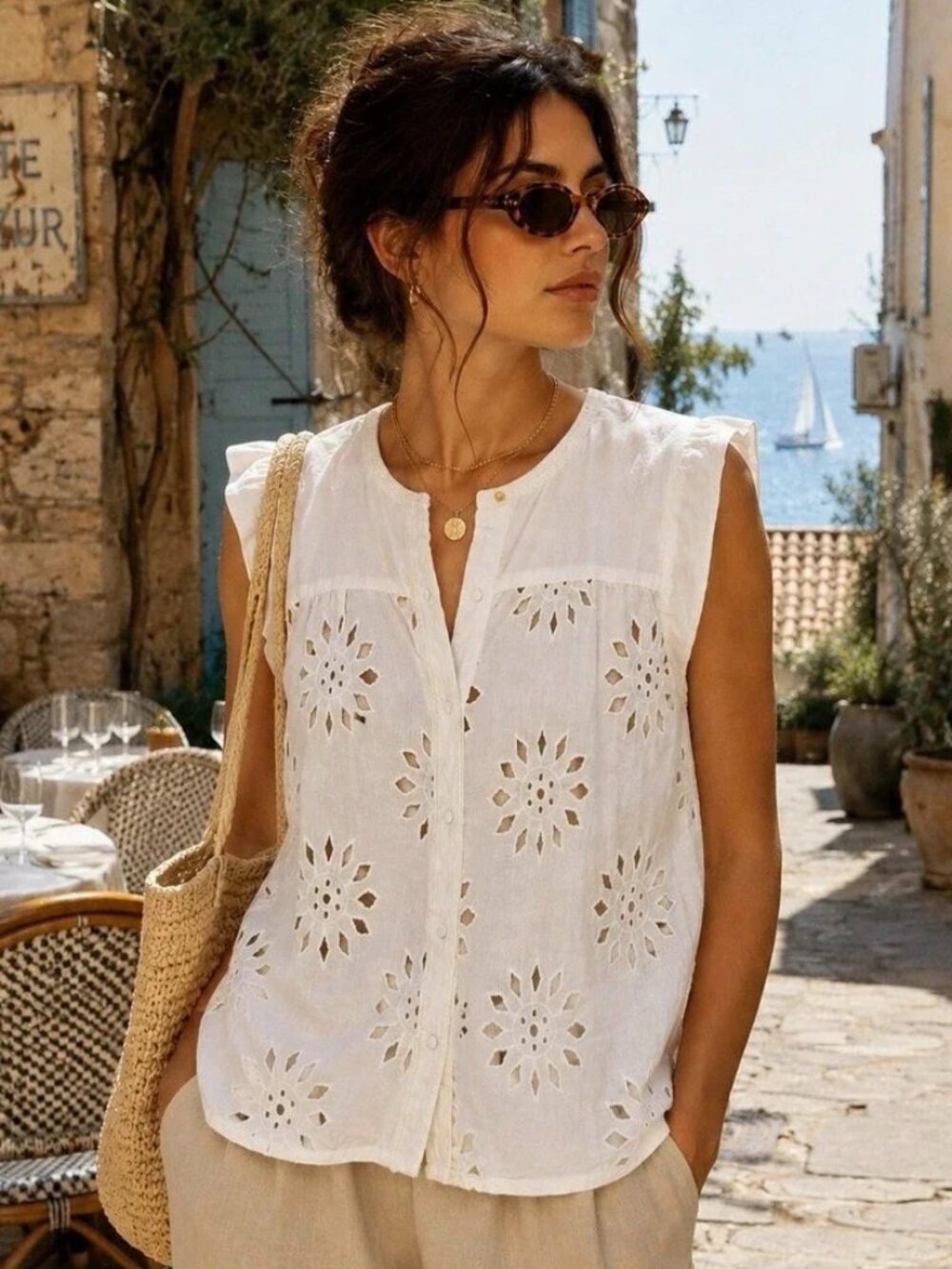 Calypso St Barth Blouse S Ivory Eyelet Coastal Grandmother Resort Quiet Luxury - Picture 1 of 9